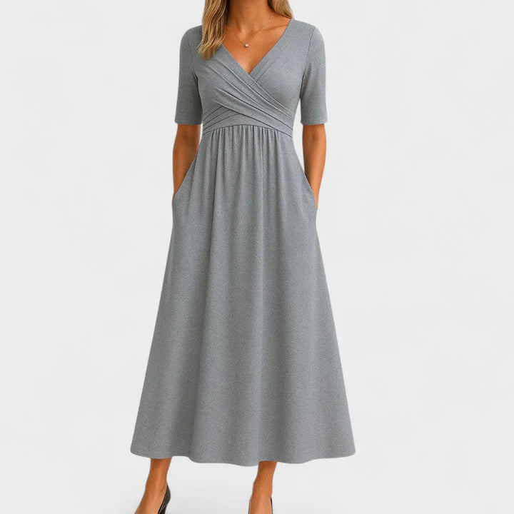 Woman wearing Grey Women's Midi Dress with V-neck | Lunova